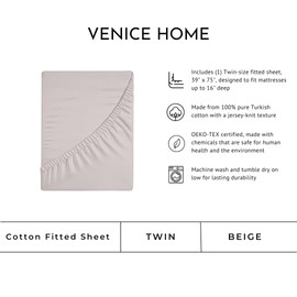 Venice Home 100% Cotton Fitted Sheet Only - Deep Pocket up to 16inch - All-Around Elastic - T-Shirt Fabric Jersey Knit - Extra Soft - Easy Fit - All Season - Comfy (Beige, Twin)