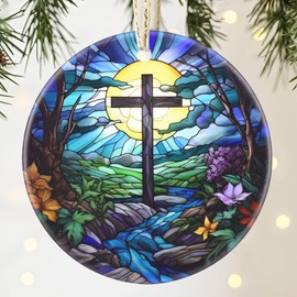 Cross Christmas Ornament, 3.5 Inch Ceramic Christmas Hanging Ornament, Cross Ornament, Christmas Tree Ornaments, Gifts for Christmas, Holiday Presents, Gift Exchange - Cross and River
