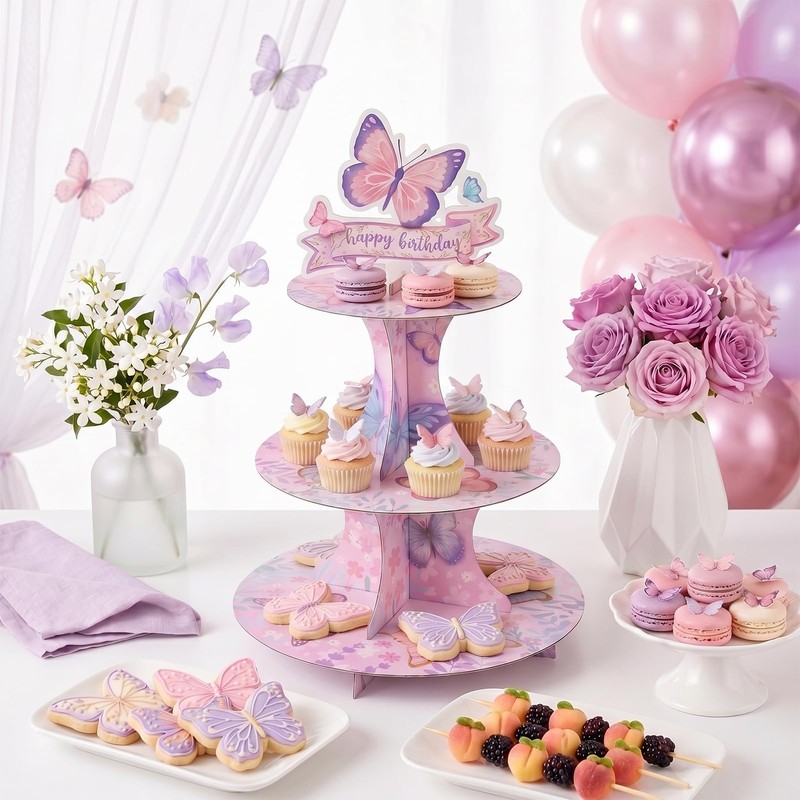 ArtSocket 2pc 3-Tier Butterfly Cupcake Stand Birthday Decoration