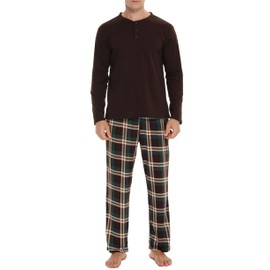 Vlazom Men's Pajamas Set Long Sleeves Soft Pj Top and Plaid Pants for Sleepwear Loungewear with Pockets,A-Green Plaid & Brown,XXL