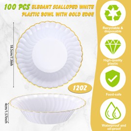 Newtay 100 Pack 12oz Scalloped Plastic Bowls with Silver or Clear or Gold Rim, 12oz Disposable Dessert Soup Bowls For Birthday, Party, Wedding, Dinners, Catering and Everyday Use (White and Gold)