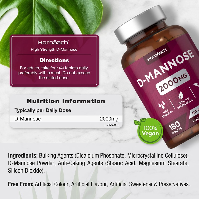 Horb?ach D-Mannose Tablets 2000mg | 180 Vegan Count | High