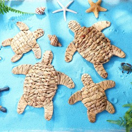 Threehoney 4 Pcs Sea Turtle Beach Theme Decor Handmade Wicker Sea Turtle Wall Decor Scandinavian Hanging Coastal Nautical Sculpture for Boho Bathroom Indoor Outdoor Table Wall Art Ornament