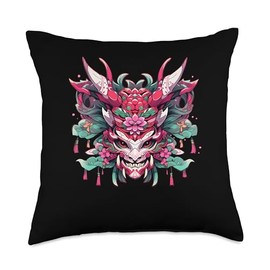 Japanese Anime Mask Floral Culture Illustration Throw Pillow