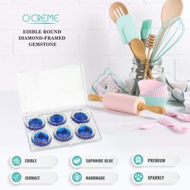 O'Creme Edible Diamond-Framed Round Gemstones 28mm for Decorating Cakes and Cupcakes; 6 Pieces - Sapphire Blue