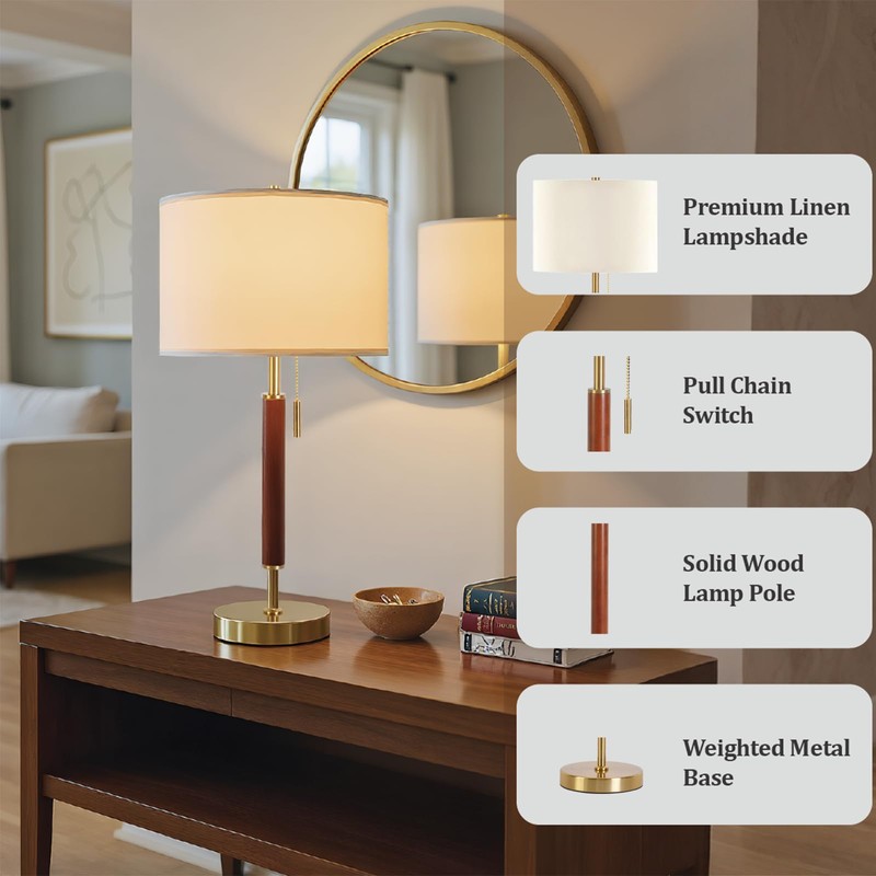 EMORLO Mid Century Modern Table Lamp, 22" Wood Pull Chain