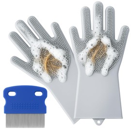 Pet Grooming Gloves, Gentle Dog Bathing Shampoo Brush & Massage Mitt with Enhanced Five Finger Design, Efficient Deshedding Glove for Dogs, Cats, Rabbits, Horses, Includes 1 Pair Gloves + 1 Flea Comb