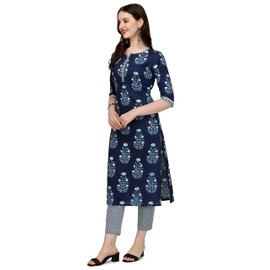 FIORRA Kurta recto de algodón puro con pantalón SET0046 para mujer, Azul / Patchwork, S