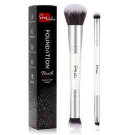 START MAKERS Pinceles de Maquillaje 2 En 1 Brocha de Base de Contorno de Doble Punta, Paquete de 2 Brochas Correctoras, Brocha para Sombra de Ojos para Cejas, Líquidos, Polvos, Pulido, Mezcla (Blanco)