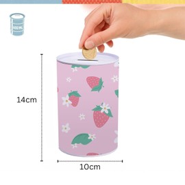 Metal Piggy Bank for Girls - Strawberry and Fruits Design Money Bank - Perfect Holiday or Birthday Gift - Secure Savings and Lucky Summer Money Holder - 14cm Size