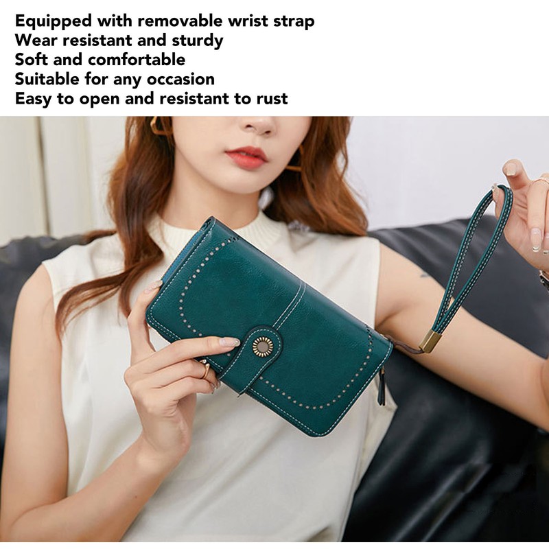 RFID Blocking Leather Wallet Large Capacity Double Snap Button Women
