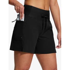 ISEEGZ Women's 5"/9" High Waisted Swim Board Shorts Quick Dry UPF 50+ Womens Swim Trunk Bottoms with Liner Zipper Pockets Black
