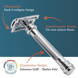 MERKUR Safety Razor 38C | Barber Pole Gloss Chrome | Two Piece Razor with Straight Cut | Closed Comb | Ideal for Wet Shaving | Die-Cast Zinc | Brass Handle | Made in Germany