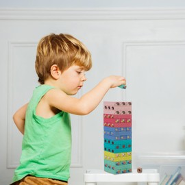 Relaxdays Wobble Tower, 51 Wooden Blocks with Dice, HBT: 26 x 7.5 x 7.5 cm, Wooden Tower Game, Animals, Skill Game, Colourful