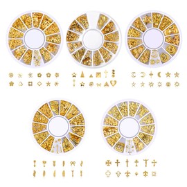 JYNVO 60 Stück Gold Nagelzubehör, 3D Acryl Gold Nägel, 3D Dreidimensionale Gold Kreuz Blumen Seestern Federn Mond Muschel Nageldekorationen, Geeignet für Frauen, Gold