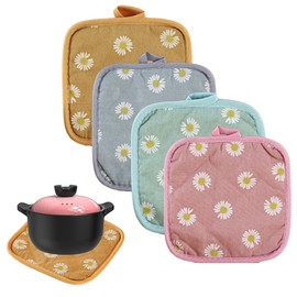 COYUN Set of 4 Pot Holders, Cotton, 17 x 17 cm, Heat Resistant, Washable Protective Cloth for Cooking, Baking, Kitchen Accessories (Small Daisy)