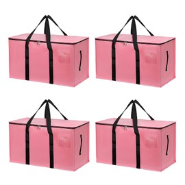 4 Pack Large Moving Bags with Zippers & Carrying Handles, Heavy Duty Storage Tote Moving Boxes ，Space Saving (Pink, 4 Pack)