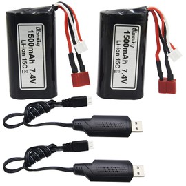 Blomiky 2 Pack 7.4V 1500mAh 15C Li-ion Rechargeable Battery with Deans T Plug Connector and Charger Cable for 9155 and 9156 1:12 Scale High Speed RC Truck 9156 Battery 2