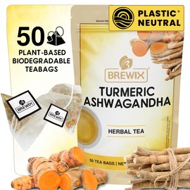 BREWIX, Turmeric Ashwagandha Herbal Tea (50 Pyramid Tea Bags) Adaptogenic Herbs for Stress & Mood Support | Evening Calm & Sleep Support | Real Ingredients From India, Caffeine Free & Naturally Gluten Free