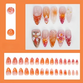 3D Handmade Press on Nails with Gold Pearls Charms Medium Almond Fake Nails with 3d Texture Flower Design Acrylic Nails Y2k Stiletto False Nails French Tip Full Cover Reusable Stick on Nails for Women