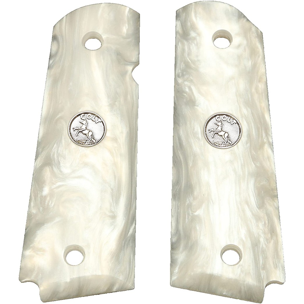 AJAX Custom Full Size Pearlite Government 1911 Grips (White Pearlite 1911 Full-Size/Silver Medallion)