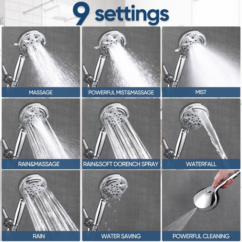 KINSE High Pressure Shower Head with Hose,9-Mode Handheld Shower Head,