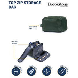 Brookstone Travel Storage Bag – Top Zip Cosmetics and Toiletries Pouch – Accessories Organizer for Vacations, Airplanes, Trains, Buses, and Cars, Olive