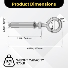 Aifeier ET 5/16" Concrete Wall Anchor Eyebolt Screw, 304 Stainless Steel Expansion Hook Brick Anchor with Ring, Heavy Duty Concrete Wall Hook Bolt Fastener for Wall Ceiling Concrete Masonry, 4 Pack