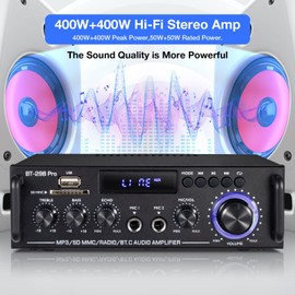 Facmogu BT-298 Pro Home Audio Amplifier, Bluetooth 5.0 Receiver Home Stereo Receiver, Max 400Wx2 RMS 50Wx2 HiFi Sound Audio System Wireless Power Amplifier, MIC in w/Echo, Bass & Treble w/USB/RCA/FM