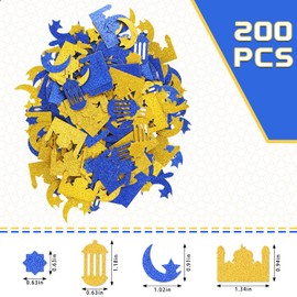 ALIBBON 200 Pcs Eid Mubarak Confetti Islamic Castle Arabic lamp Confetti Islamic Crescent Star Throwing Confetti Gold Blue Glitter Confetti Table Scatter for Ramadan Kareem Table Decor