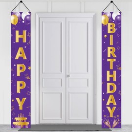 Purple Gold Happy Birthday Door Banner Decorations, Happy Birthday Porch Sign Party Supplies for Girls Women, 16th 21st 30th 40th 50th 60th Birthday Decor for Indoor Outdoor