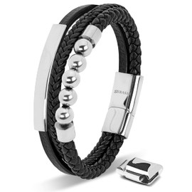 SERASAR Mens Leather Bracelet 17cm Silver Mens Presents Bracelet Men Gift-Box Cowhide Braided Magnetic-Clasp Multi-Layer Wrap Rope Mans Male Boy Boys Mens Bracelets Band Jewelry Magnet Accessories