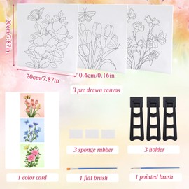 HICOHAND Pre Printed Canvases, 3 PCS DIY Painting Kit Pre Drawn Canvas for Painting with Self-Adhesive Bracket for Party Gifts, Floral Theme