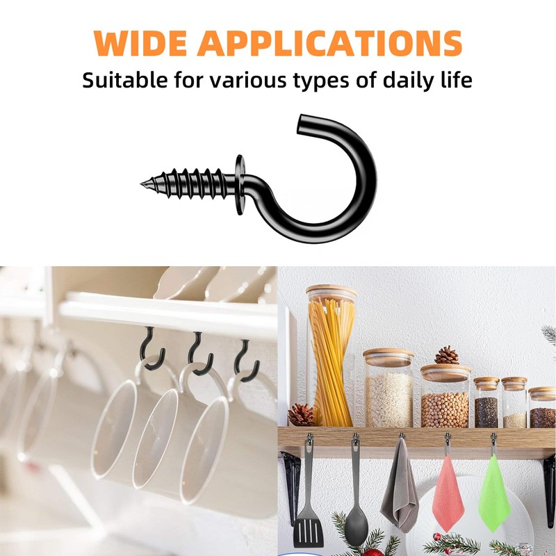 100-Piece Multifunctional Black Screw Hook Set, Mini Screw Hooks for