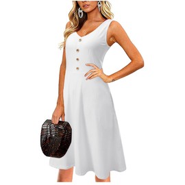 II ININ Women's 2024 Sundresses V Neck Summer Beach Dress Sleeveless Button Down Midi Cotton Tank Dress with Pockets White