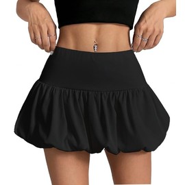 Women's Y2K Bubble Mini Skirt Low Waist Puff Skirt Summer Streetwear Skort with Short Underneath(Black,X-Small)