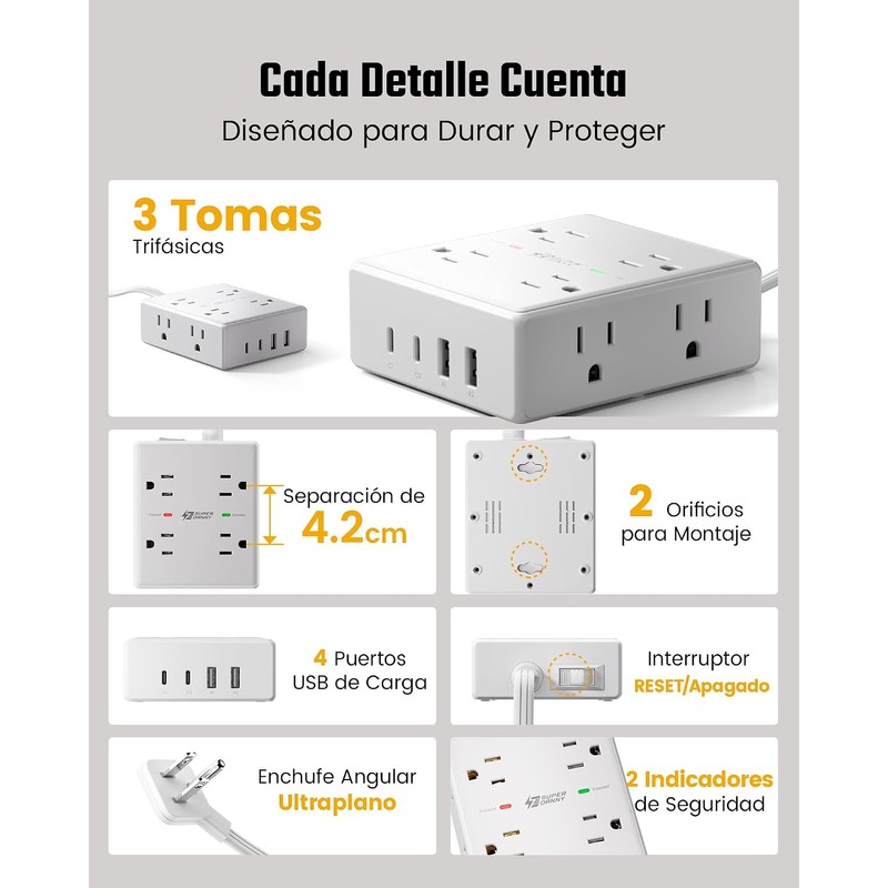 SUPERDANNY 12 En 1 Regleta Multicontacto 1,8 Metros Enchufe Plano,