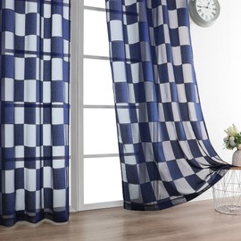 OVZME Barry Navy Blue Sheer Curtains 96 Inch Length 2 Panels - Checkered Light Filtering Soft Airy Voile, Clip Jacquard Textured Drapes for Bedroom Living Room Window, Dual Rod Pocket, 42Wx96L
