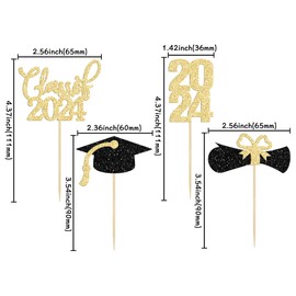Paquete de 36 decoraciones para magdalenas de graduación 2023 con purpurina clase de 2023 para magdalenas, gorro de graduación, diploma, púas para magdalenas, 2023, decoraciones para tartas, suministros dorados