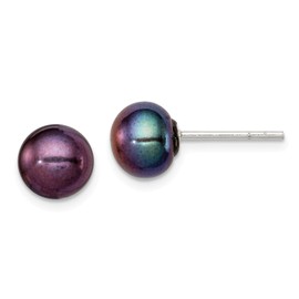 Sterling Silver 7-8mm Black Freshwater Cultured Pearl Button Earrings