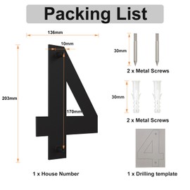 Brushed Modern Stainless Steel House Number 203 mm High Black Coating, Floating Appearance (Number 4)