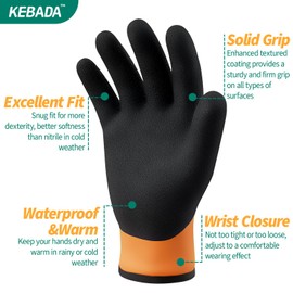 Kebada T2 Waterproof Work Gloves for Men and Women, Thermal Warm Winter Working Gloves, Insulated Freezer Gloves for Cold Weather, 100% Latex Coating, Wrist Closure, 2 Pairs, Orange, X-Large