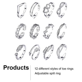 IUDWCG - 12 Pieces Stainless Steel Alloy Ankle Ring Women's Hypoallergenic Adjustable Ring Open Toe Tail Flower Ring Finger Set Jewellery Foot Ring, silver