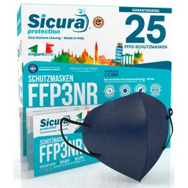 25 x CE Certified FFP3 Masks Blue with Black Rubber Bands Made in Italy with Printed Sicura Logo PFE ≥99% BFE ≥99% Sanified Individually Sealed