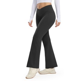 Seamaid Women's Fleece Lined Pants 30" Water Resistant Crossover Flare Leggings Winter Bell Bottom Yoga Pants with Pockets Black XXL