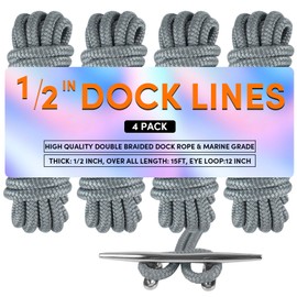 Dock Lines Boat Ropes for Docking 1/2" x15' Double Braided Mooring Marine Rope Boat Lines for Docking, Dock Lines for Boats with Loop, Gray 4 Pack