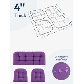 ZEOLABS Wicker Chair Cushions of 3 Pieces Waterproof Tufted Outdoor Seat Cushions for Patio Furniture Sofa Settee Couch,1 Loveseat and 2 U-Shaped Cushions,Purple