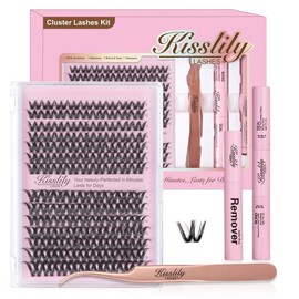 Kisslily Flicker Ultra Thin Band Manga & Spikey Whispy Lashes Kit DIY Eyelash Extension Kit D Curl Individual Lashes Waterproof lash clusters kit and Long lasting Makeup For Girl - Lash Style: Flicker Kit With Invisible Band (White Glue)