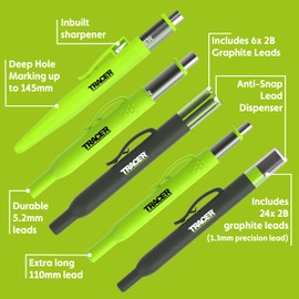 Tracer Pro Series - 5 Piece Construction Marker Kit with Storage Case - Deep Hole Carpenter's Pencil, Precision Pencil, Tough Pencil and Replacement Leads Dispensers