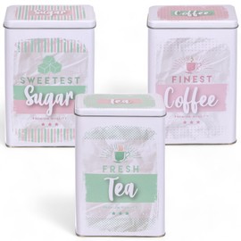 MIJOMA 3-Piece Retro Metal Tins Set with Lid, Vintage Design: Coffee Canister, Tea Canister, Sugar Bowl, Nostalgic Storage Jars for Coffee, Tea, Sugar, Housewarming Gift, 19 x 11 cm (Pink-Mint-White)